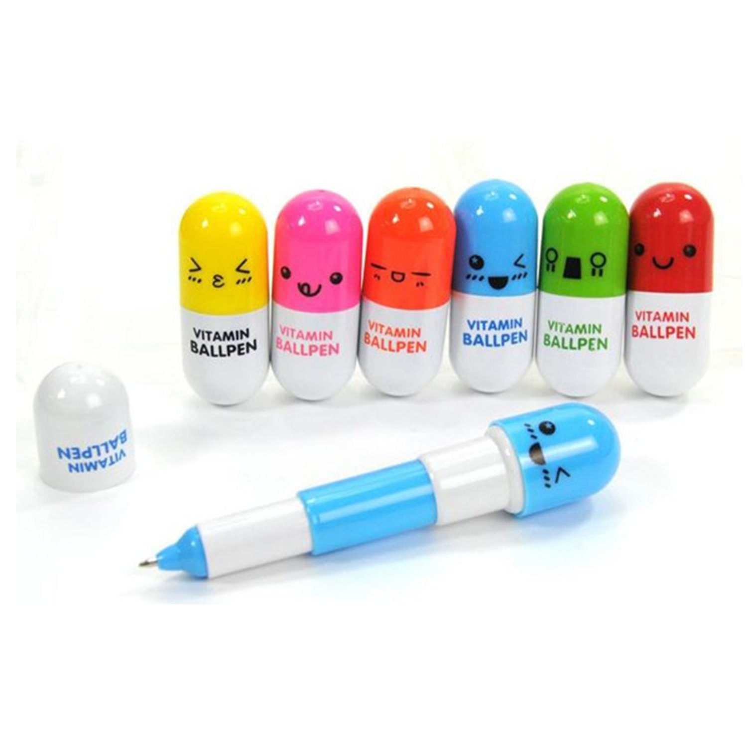 DTOL 6PCS Smiling Face Pill Shape Ballpoint Pen Cute Cartoon Favor Retractable Ball Pen
