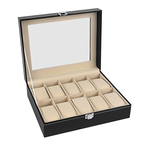 DTOL Watch Box 10 Mens Black Leather Display Glass Top Jewelry Case Organizer